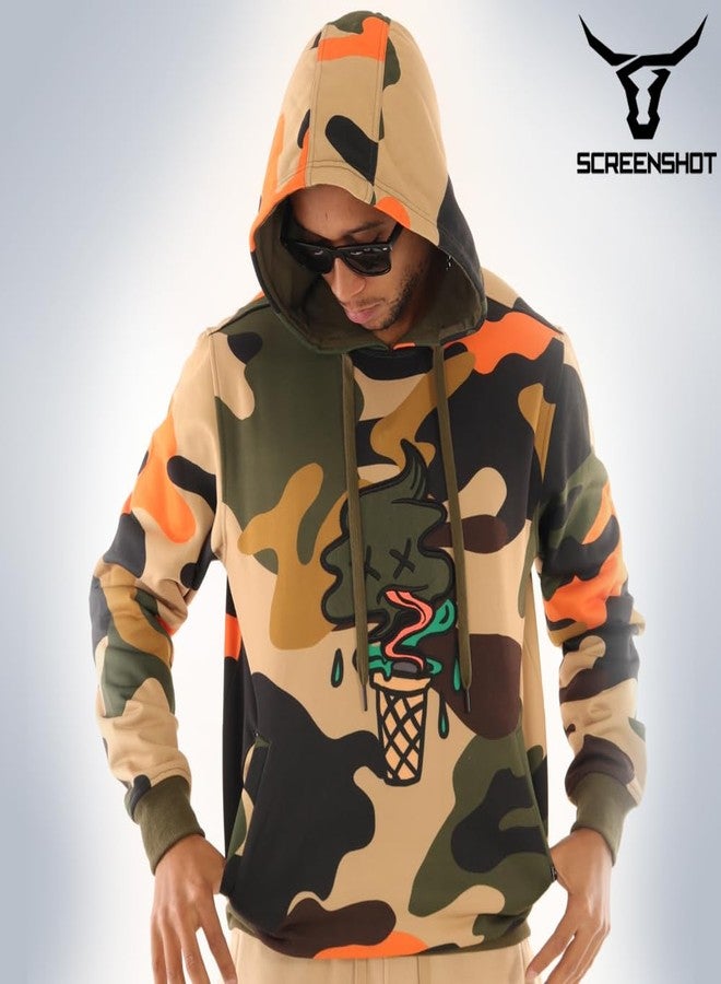 SCREENSHOT-H11076 Mens Urban Hip Hop Fleece Pullover Hoodie - Ice Cone Camo Cartoon Animation Hooded Streetwear Sweatshirt-Olive-Medium - Image 3